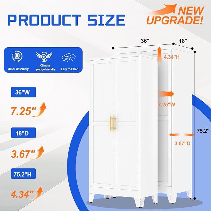 GAIOUS 75.2" Tall Metal Storage Cabinet with 2 Doors & 5 Adjustable Shelves | New upgrade Kitchen Pantry Cabinet, White Freestanding Cupboard, 6 Tier Steel Storage for Office, Kitchen, Dining, Garage