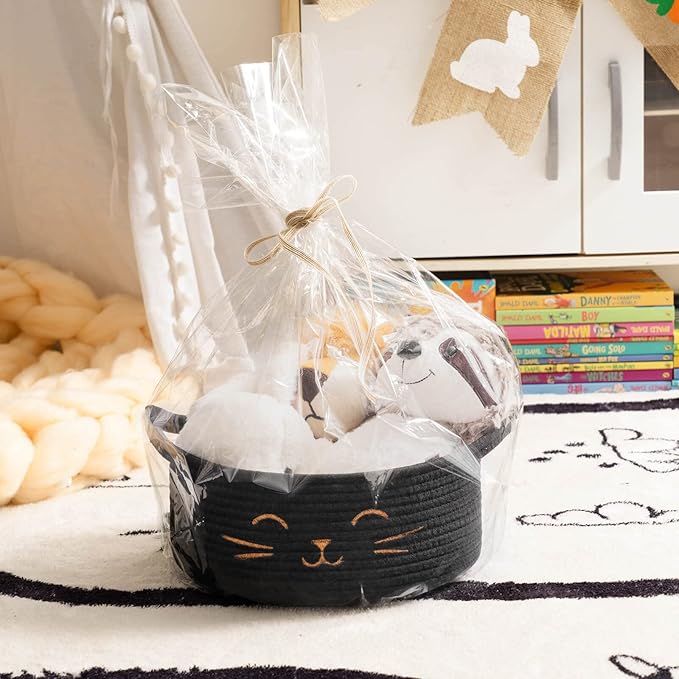 Small Woven Rope Cat Toy Basket with Cat Face Design, Black | 9.8" x 4" Cute Cat Toy Bin & Box for Living Room & Nursery, Boho Gift Basket Empty with Sturdy Handles, Cozy Cats Bed