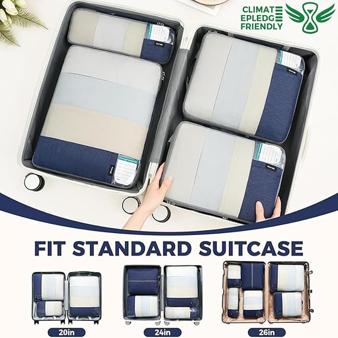 BAGAIL Lightweight Compression Packing Cubes for Travel, 6 Set, Navy | Salis Nylon Fabric,Anti-Tearing,Save Space,SBS Zippers,Packing List,PVC Tag Pocket,Custom Labels,Visible Mesh,Portable Handel