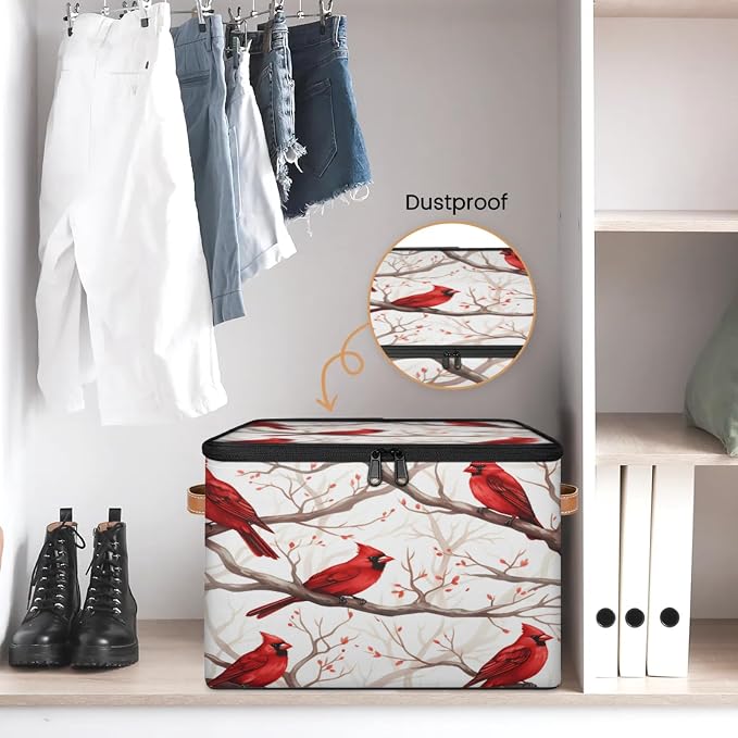 Storage Bins Branch Cardinals Storage Basket with Zipper Lid & Handle Foldable Storage Box Storage Cube Bin Clothes Organizer for Closet, Bedroom