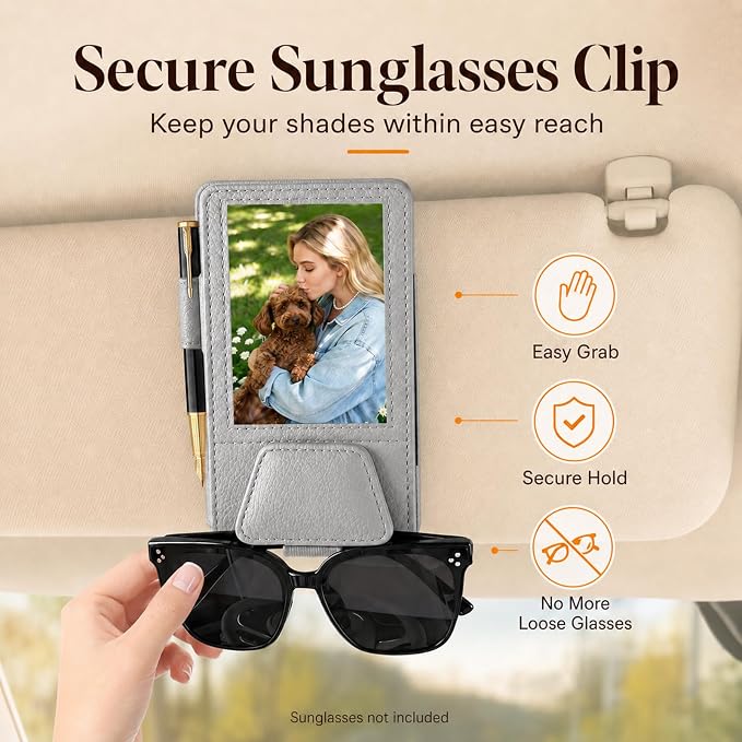 HOLDCY Car Visor Organizer with Registration Holder and Sunglasses Clip | Grey PU Faux Leather With Photo Window, Flip-Open Card Storage, Slim Profile And Tool-Free Setup; 1 Piece