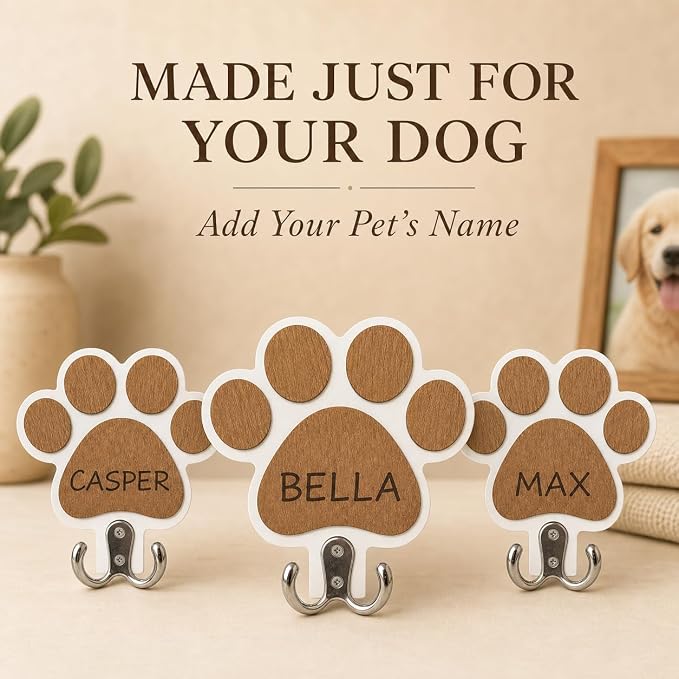 Personalized Dog Leash Holder for Wall, Custom Paw Print Wooden Wall Hook with Pet Name, Double Hook Organizer for Leashes Collars and Keys, Entryway Decor, Gift for Dog Lovers