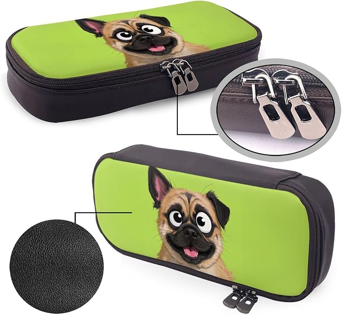 Leather Pen Case with Zipper - Aesthetic Pen Holder Dog funny face animal Pencil Case for Women & Men - Handcrafted Pencil Bag Multi-Functional Travel Cosmetic Case for Work Office Tool Pouch