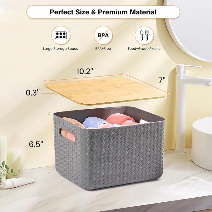 Ohmlove 4 Pack Storage Bins with Bamboo Lids,Stackable Box for Organization | Plastic Storage Containers with Handle, Storages Baskets for Organizing Desktop Closet Playroom Classroom Office, Gray
