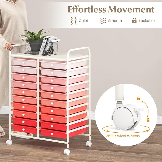 20 Drawer Rolling Storage Cart, Art Cart Organizer with Wheels for Makeup, Tool, Paper, Multipurpose Craft Storage Cart with Drawers for Office, Home, Classroom, School (Gradient Pink)