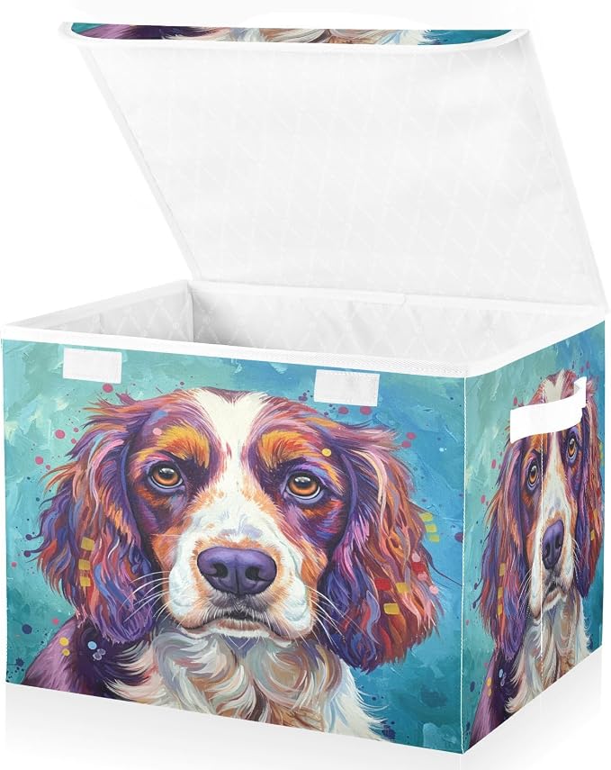 Pet Animal Painting Storage Bins with Lids Closet Bedroom 40L Fabric Bin | Decorative Storage Boxes, Foldable & Stackable, Dust-Proof Flip Top, Reinforced Handles, For Home & Dorm, Clothes & Toy Box