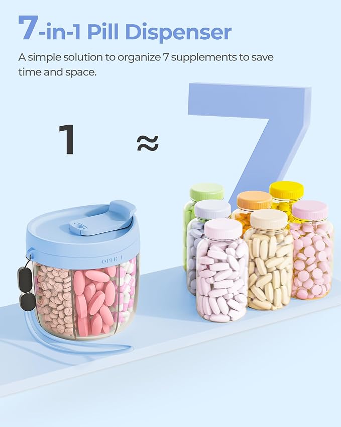 AMOOS Cute Pill Dispenser with Anti-Mix Design, 7-Slot, BPA-Free, Patented | Portable Travel Pill Organizer, Wide Mouth for Easy Access, Pill Bottle Organizer for Vitamins, Fish Oils, Supplements, Blue