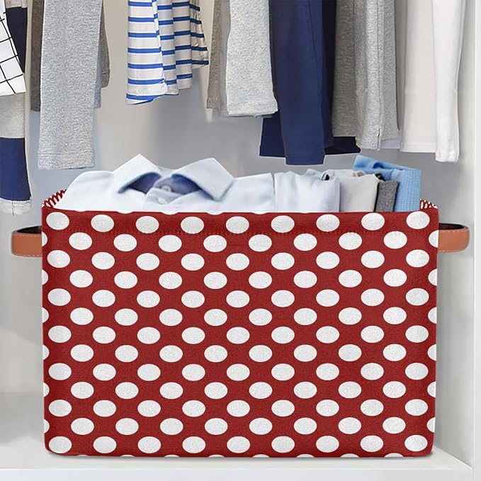 OSAM SPACE Storage Basket Bin Polka Dots Pattern Rectangular Storage Basket Cube With Handles, Red White Laundry Storage Organizer Basket for Toy Nursery Closet Shelves Bedroom Home