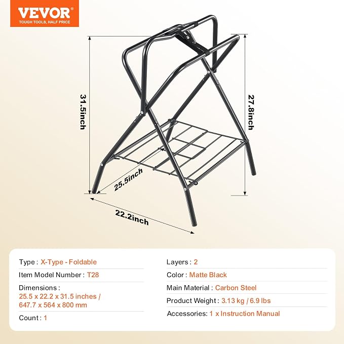 VEVOR Folding Saddle Rack, Freestanding Horse Saddle Stand, Portable Horse Blanket Holder, Heavy Duty Steel Saddle Rack for English & Western Saddles, Tack Storage, 28 x 19 x 37.5 in, Black