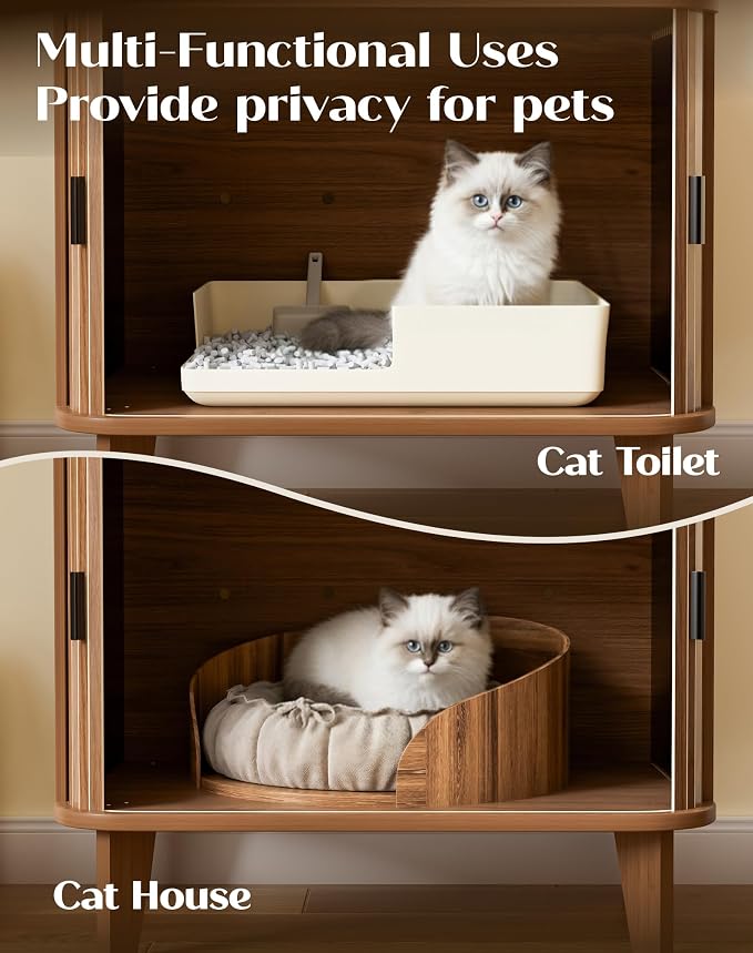 66" Cat Litter Box Enclosure,Hidden Litter Box Furniture with Shelves,Wooden Cat Washroom and Pet House with Sliding Tambour Door for Living Room,Walnut