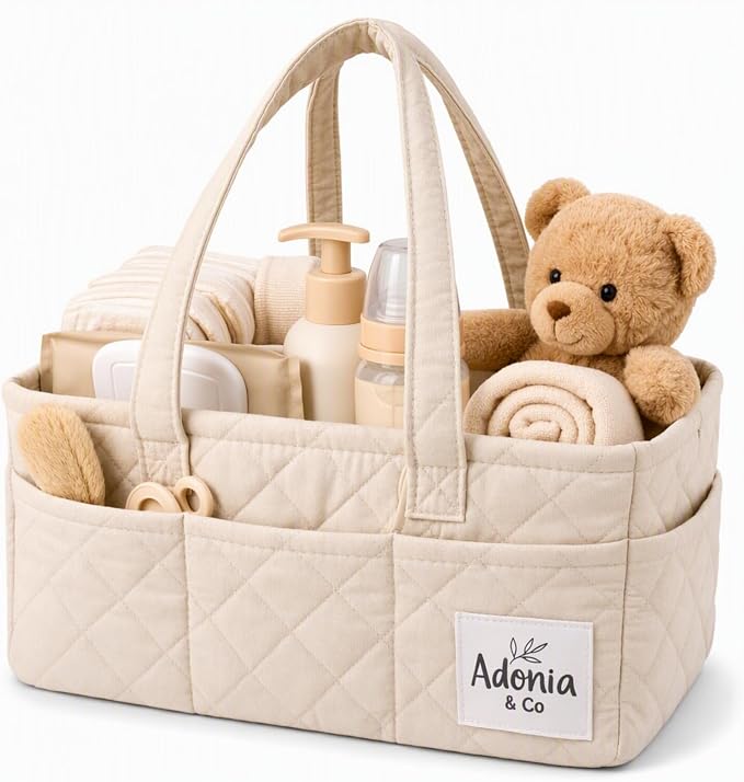 Adonia & Co Diaper Caddy Organizer – Large Nursery Storage Basket for Newborn Essentials – Portable & Machine Washable (Beige)