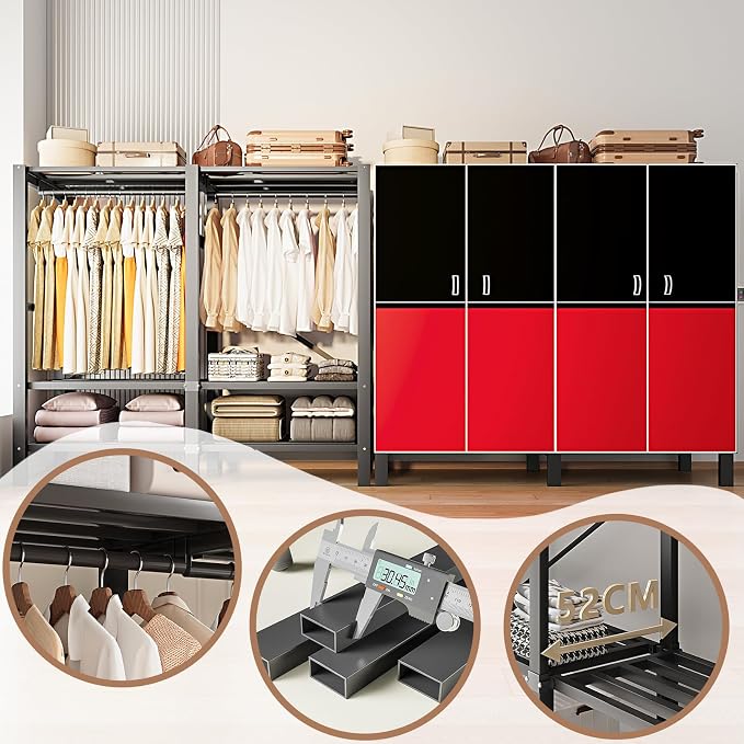 Heavy Duty Clothes Rack with Cover, Portable Wardrobe Closet with Magnetic Door & Black Steel Frame, Foldable Freestanding Garment Storage (Red-Magnetic Door, 70.8''L x 20.5''W x 67''H)