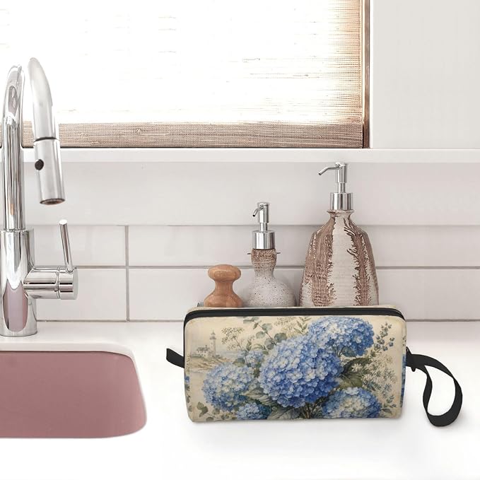 Blue Hydrangea Bloom Makeup Bag for Women | Small Travel Cosmetic Pouch with Zipper, Compact Makeup Organizer Bag for Purse, Toiletries, Skincare & Daily Essentials