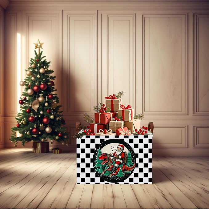 Empty Large Christmas Basket for Gifts Women Collapsible Storage Bin Kids Toy Box Holiday Décor (Checkered Dinosaur)