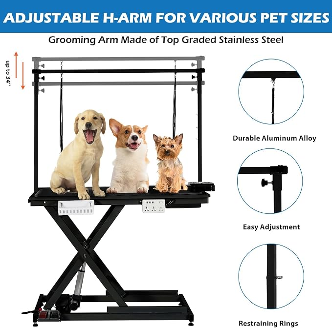 50 Inch Dog Grooming Table, Electric Hydraulic Pet Grooming Table, Dog Grooming Station with Aluminium Overhead Arm, Anti Slip Tabletop, 6 USB Ports, Height Adjustable, 300 LBS Capacity, Black