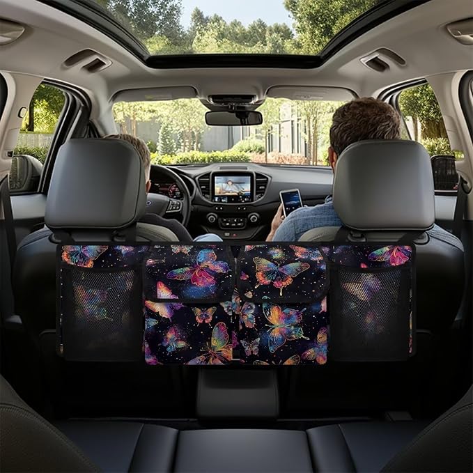 Dreaweet Butterfly Print Trunk Hanging Organizer Backseat Bag Car Interior Accessories with 2 Pockets & 2 Mesh Pouches for Groceries Universal Car Trunk Storage Organizer for SUV Truck Minivan