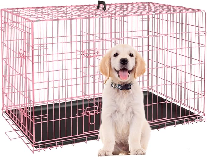24 Inch Small Dog Crate, Heavy Duty Dog Crates for Small Dogs, Metal Wire Folding Dog Cage with Removable Trays, Locks, Double-Door, Divider Panel, Handle, Puppy Crate Pet Crate (24 in, Pink)
