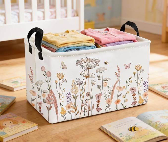 Essme Rectangular Flower Basket, Storage Bins Organizer with Handles for Girls Room Decor, Gift Basket,Shelf Basket.(Beautiful Flowers)