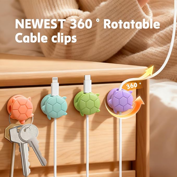 Rotatable Cable Clips, 8 Pack Cord Holder for Nightstand Multicolor | Self-Adhesive Cord Clips, Dorm Room Essentials, Cable Holder for Cords, Cord Management for Desk Office Car Wall