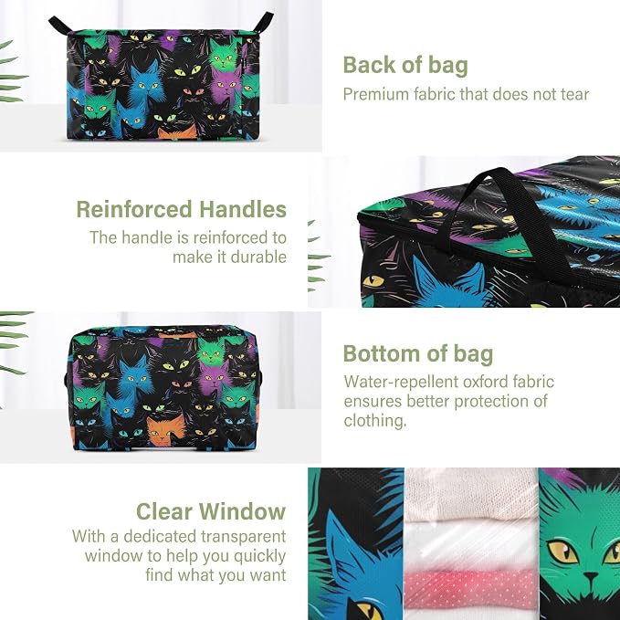 Cute Cat Black Clothes Storage Bag Bins 2 Pack Foldable Storage Containers Large Closet Organizer with Zipper Storage Cubes for Bed Sheets Comforters Clothing 95L