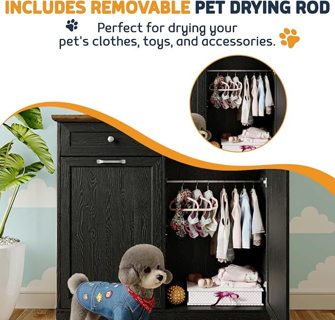 Double Door Dog Feeding Station with Storage, 10 Gallons Tilt Out Trash Can Cabinet, Dog Food Cabinet with Dog Bowls, Pet Organizer Cabinet for Kitchen/Living Room (Black, Double Door)