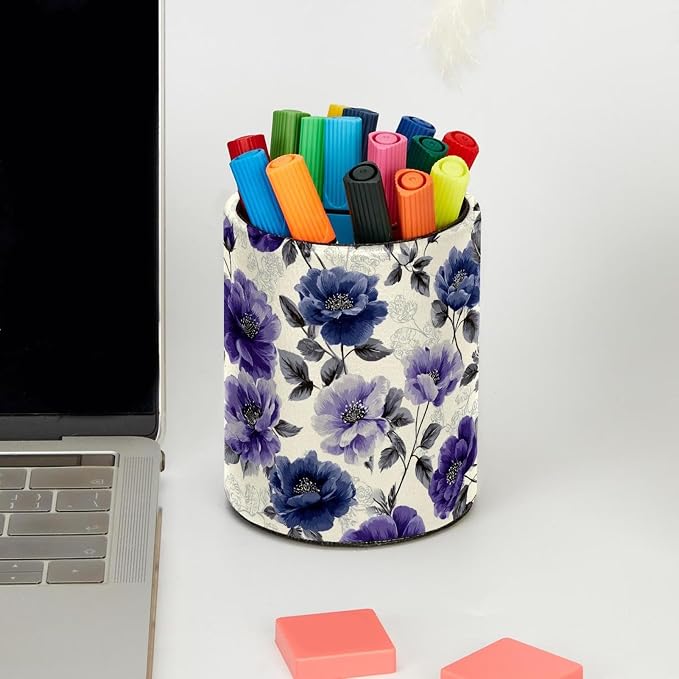 Faux Leather Pen Holder for Desk, Pencil Organizer Purple Flowers Pen Cup Desk Decor Makeup Brush Holder Storage for Office Home