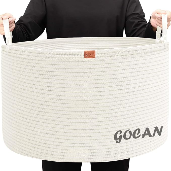 Cotton Rope Woven Laundry Basket 22"X 22"X 14" with handles（Cream）XXXL | Hand-woven, ideal for storing blankets and cushions in the living room, and clothes for household storage.