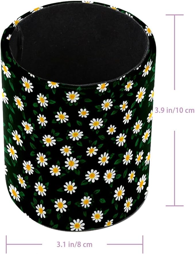 Faux Leather Pen Holder for Desk, Pencil Organizer Daisy Pen Cup Desk Decor Makeup Brush Holder Storage for Office Home