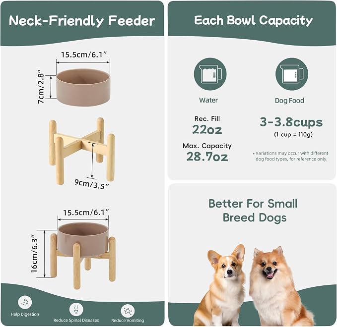 Havniva Ceramic Dog Bowls Elevated, Raised Dog Food Bowl for Small Dogs | 6.1” Elevated Dog Bowls, Non-Slip Wood Stand, Dog Food and Water Bowl Set, Dog Feeding Dish, Large Capacity Pet Water Bowl