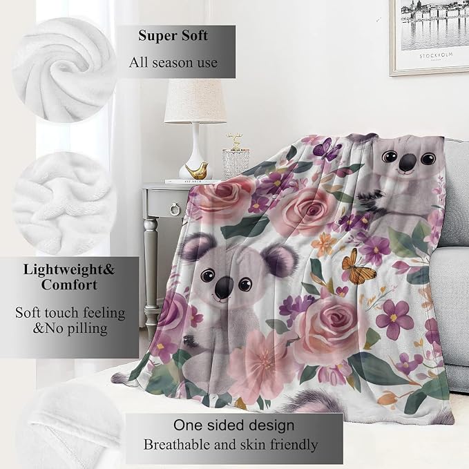 Koala Blanket,50x60in,Cute Floral Pastel Blossom Throw Blankets,Gifts for Kids Adult & Animal Lovers, Lightweight Soft Fleece,for Sofa Couch Bed Room Modern Decor