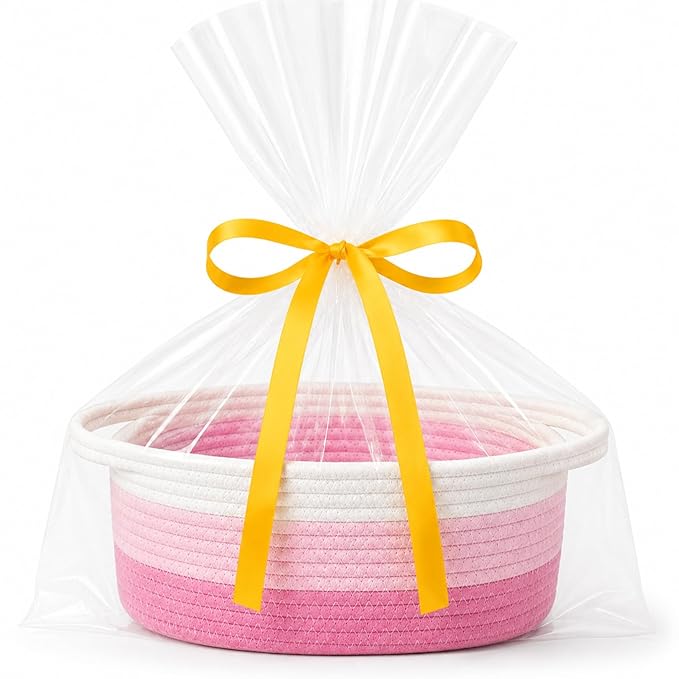 ABenkle Small Basket Empty Gift Basket, Decorative Boho Rope Woven Nursery Storage Organizer Dog Toy Baskets for Baby Showers Christmas Easter with Gift Bags and Ribbons, 12"X 8" X 5"