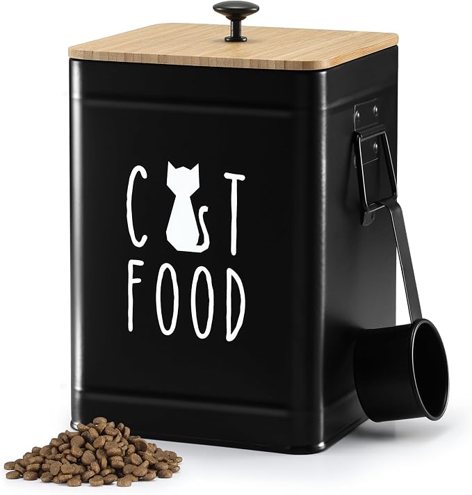PERFNIQUE Cat Food Storage Container, Airtight Cat Treat Container with Bamboo Lid, Pet Food Storage for Kitchen Countertop, Treat Jars for Pets, Cat Food Container (Black, with Spoon)