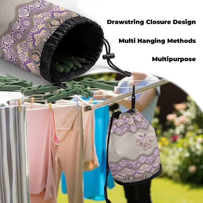 Laundry Clothespin Organizer Bag, Boho Pattern Dog Paw Drawstring Peg Storage Pouch with Hanging Loop, Portable Clips Holder for Drying Rack, Camping, Beach, Dorm