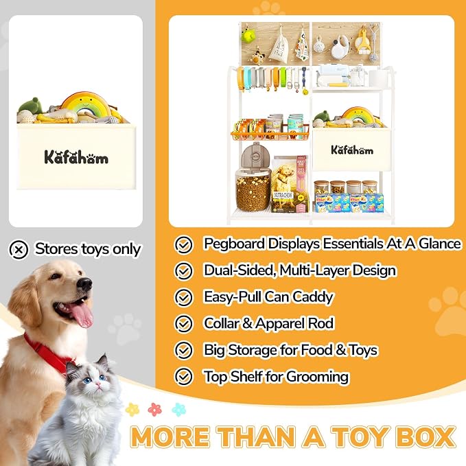 Dog Toy Basket with Pegboard, Dogs Toy Bin with Storage Organizer, All-in-One Dog Stuff Box & Essential Holder, Perfect Basket for Dog Toys in Living Room, Great Gifts for Pet Lovers, White