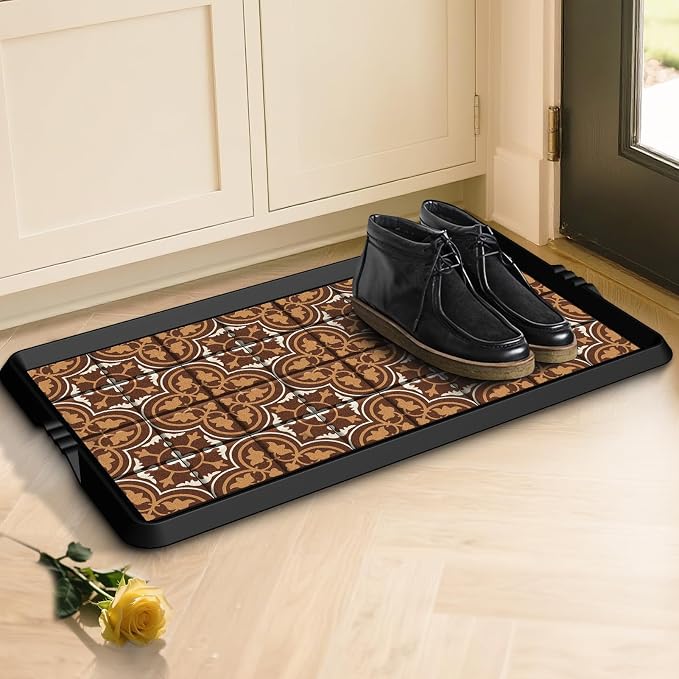 BEHERO Boot Tray Shoe Mat Decorative Patterned, Rubber Boot Matt Tray Indoor and Outdoor Use, 16" x27.5" Shoe Cleaning Mat Non-Slip, Shoe Storage Waterproof with Artistic Prints for Entryway(Brown)
