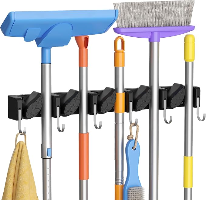Lifewit Mop and Broom Holder Organizer Wall Mount Non-Slip, 1 Pack, Black | Easy Install One Handed Push Cleaning Tool Hanger with 6 Hooks 5 Slots, Heavy Duty Hanging Utility Rack for Garden, Garage
