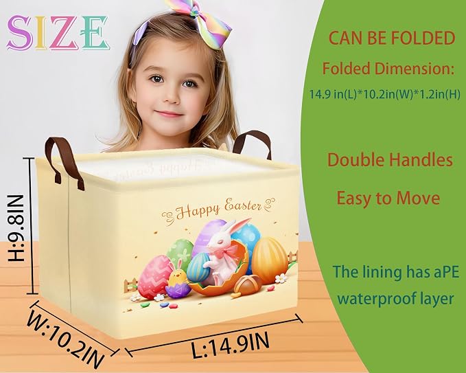 Large Rectangular Easter Baskets Empty Waterproof Boy Toy Box Foldable Kid's Gifts Storage Bin Spring Room Decor(Shell Breaking Rabbit Chicken)