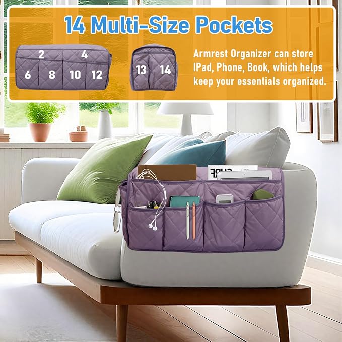 Armchair Caddy, Remote Control Holder for Recliners, Sofa Armrest Organizer, Non Slip Recliner Organizer, Couch Caddy with 14 Pockets Storage for TV Remote, Phone, Magazine (Purple)