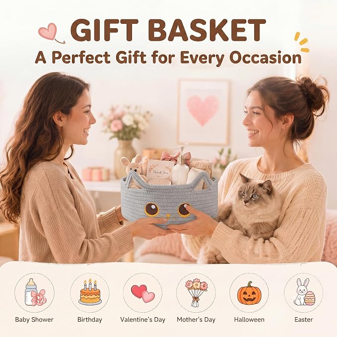 Small Cotton Rope Storage Basket,Round Cat Toy Basket for Living Room, Gray | Cute Decorative Dog Toy Basket, Toy Bin for Baby, Pet, Gift Basket for Halloween, Baby Shower , 11"×11"×4.7"