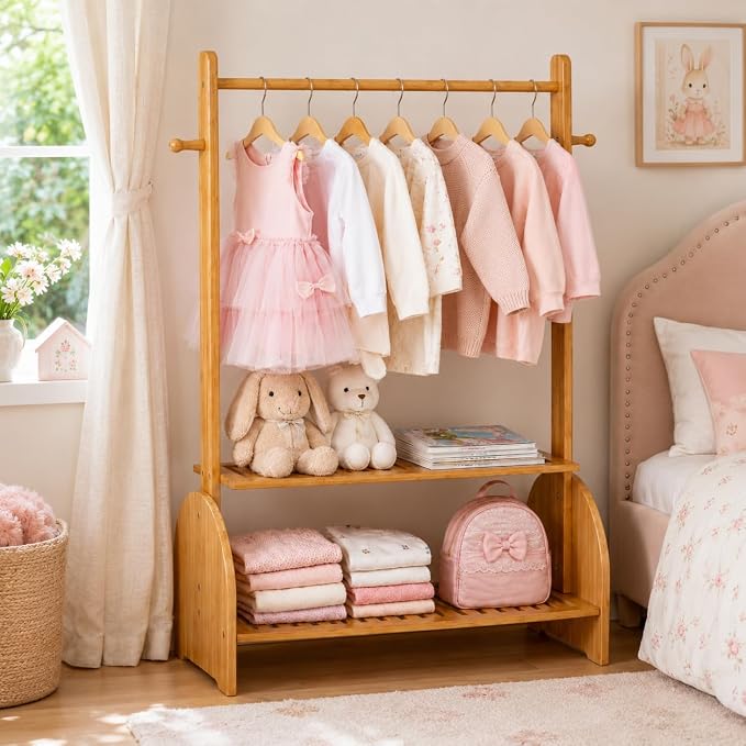 BAMBOOHOMIE Kids Clothing Rack with Adjustable Rods, Children Clothes Garment Rack for Kids Baby Pet, Kids Dress Up Rack with 2 Bottom Shelves, Kids Wardrobe Closet for Toddlers Nursery (Natural)
