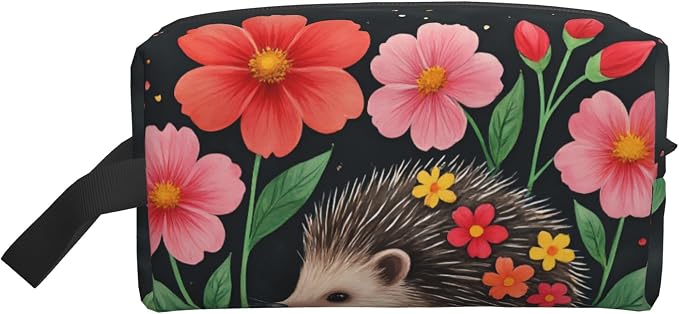 flower hedgehog Makeup Bag - Durable 600D Oxford Fabric Travel Cosmetic Bag, Shockproof Foam Padded Toiletry Organizer for Gym & Daily Use 10x6.2x4.9 Inch