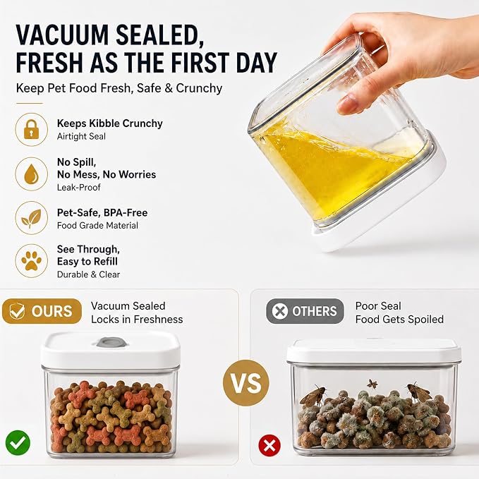 BARRYSAIL Vacuum Pet Food Storage Set with Pump, 4-Piece Airtight Canister | Keeps kibble fresh 4x longer. BPA-free, stackable clear jars. Safe -4-140°F. For dog/cat dry food & treats. 1500/1000*2/700ml