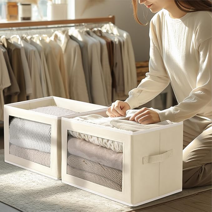 Storage Cubes with Lids - 5 Pack Foldable Clear Window Storage Bins, Large Decorative Storage Bins with Handles, Storage Containers for Clothes, Towel, Blanket, Sheet, Beige