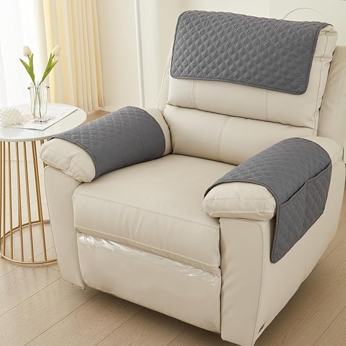 Recliner Arm Covers with Pockets & Headrest Protector- Non-Slip Quilted Stretch Armrest Covers, Washable Sofa Armchair Organizer for Couch, Pet Scratch Resistant(Dark Gray)