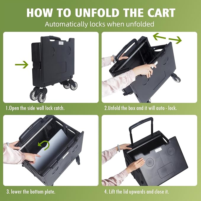 Foldable Utility Cart Portable Rolling Crate Handcart Shopping Trolley Collapsible Rolling Crate cart Tool Box, with Lid, Pull carts on Wheels, for Grocery, Shopping, Office, Teacher