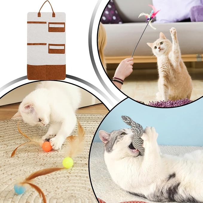 Cat Toy Storage Hanging Bag, Wall Storage Bag with Pockets, Cat Accessories Organizer Wand Toy Holder for Indoor Cats
