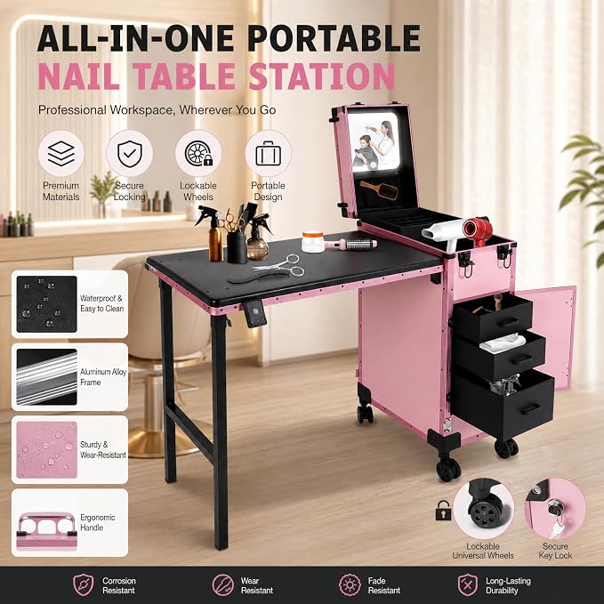 Rolling Makeup Case with 3 Drawers, Portable Manicure Table Lockable Makeup Train Case Portable Nail Table with Storage with LED Light & Key for Hair Barbers/Stylists, Makeup Enthusiasts