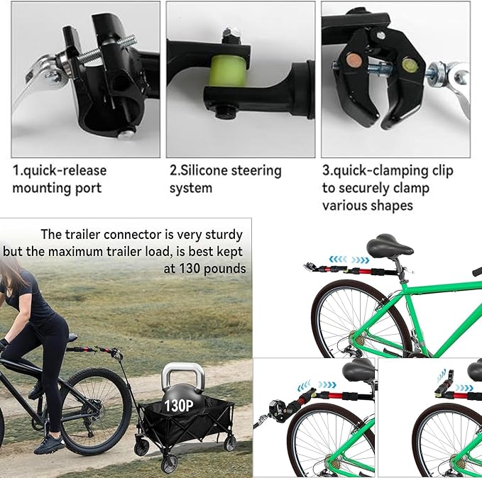 Bike Trailer Hitch for Wagon Camping Rolling Cart Collapsible Wagon with 360° Swivel Joint & Shock Absorber, Quick-Release Clamps for Folding Wagons, Pet Carts & Garden Trailers