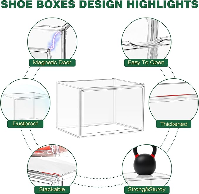 10 Pack Acrylic X-Large Sneaker Shoe Storage Size 14, Wide Magnetic Door | Acrylic Display Case Shoe Boxes Clear Plastic Stackable Bins Boot Handbag Organizer Shoe Cabinet with Magnetic Lids