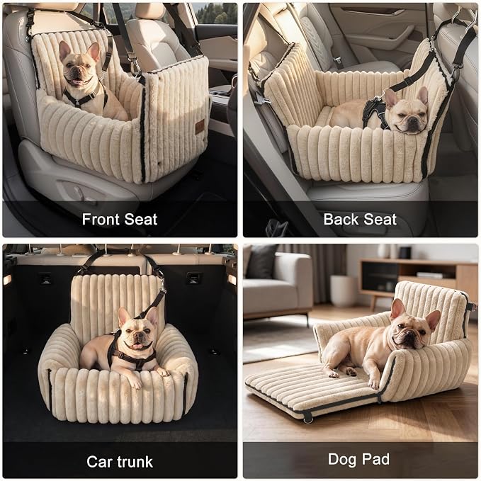 MIXJOY Dog Car Seat for Small/Medium Dogs up to 23 lbs, Multi-Functional Dog Carrier for Car with Detachable Washable Cover, Pet Travel Bed with Clip-On Safety Leash, Brown